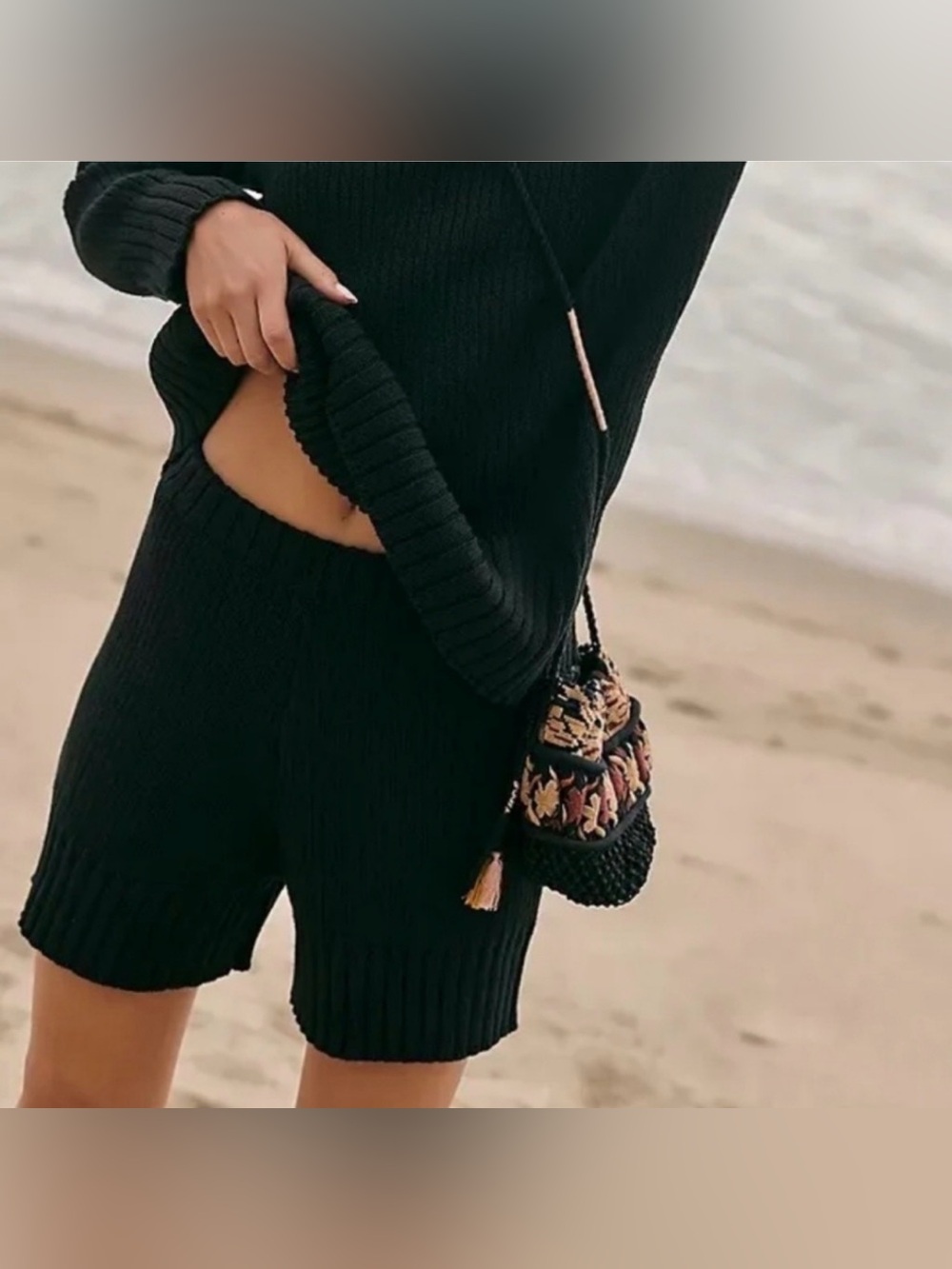 Free People Beach Black Ribbed Knit Shorts